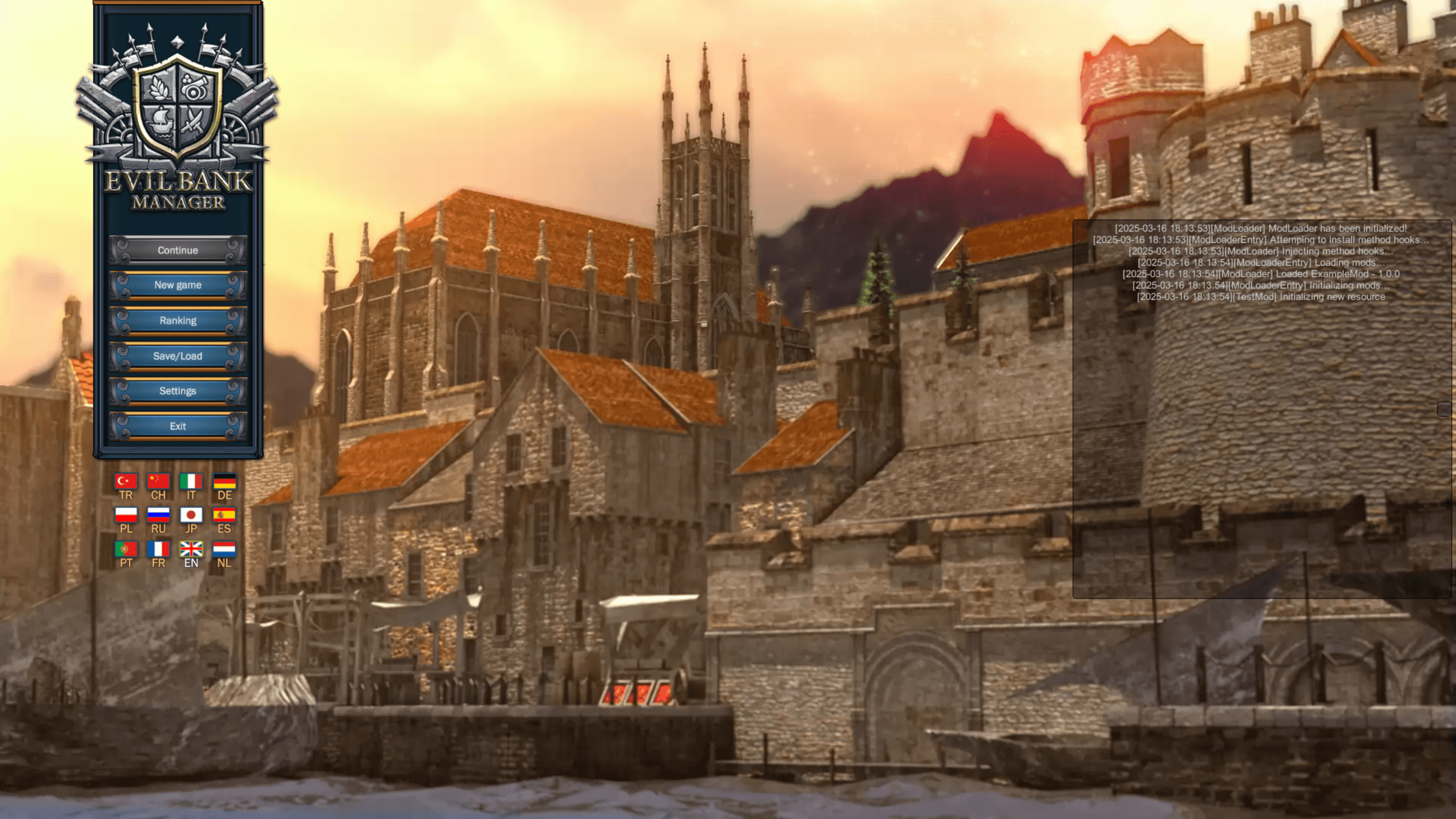 Evil Bank Manager main menu showing mod loader loaded successfully